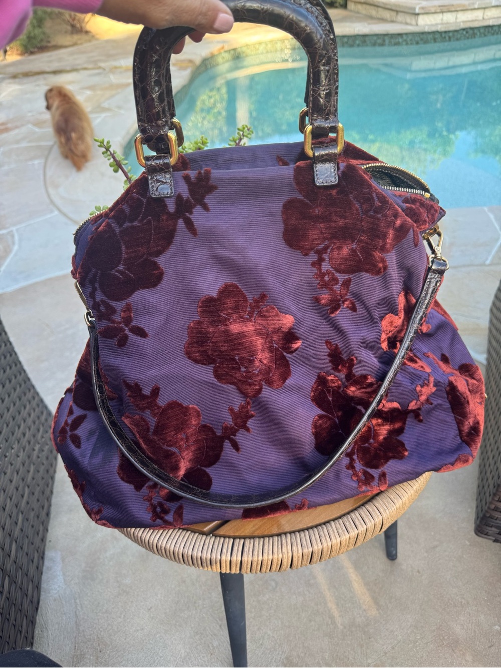Prada Velvet Floral Top-Handle Shoulder Bag in Plum and Wine